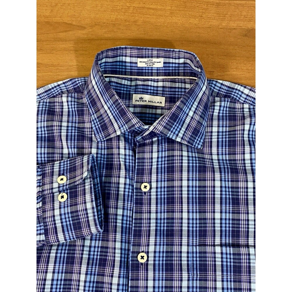 Peter Millar Performance Button Down Shirt Men’s L Plaid Stretch Southern Hills